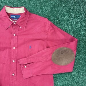 Vintage‎ Ralph Lauren Classic Fit Men's Leather Elbow Pad Button Shirt Large Red
